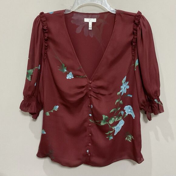 Joie Anevy Floral Silk Blouse Button-front Ruffle Top Cambridge Red Sz M V-Neck - Picture 1 of 5